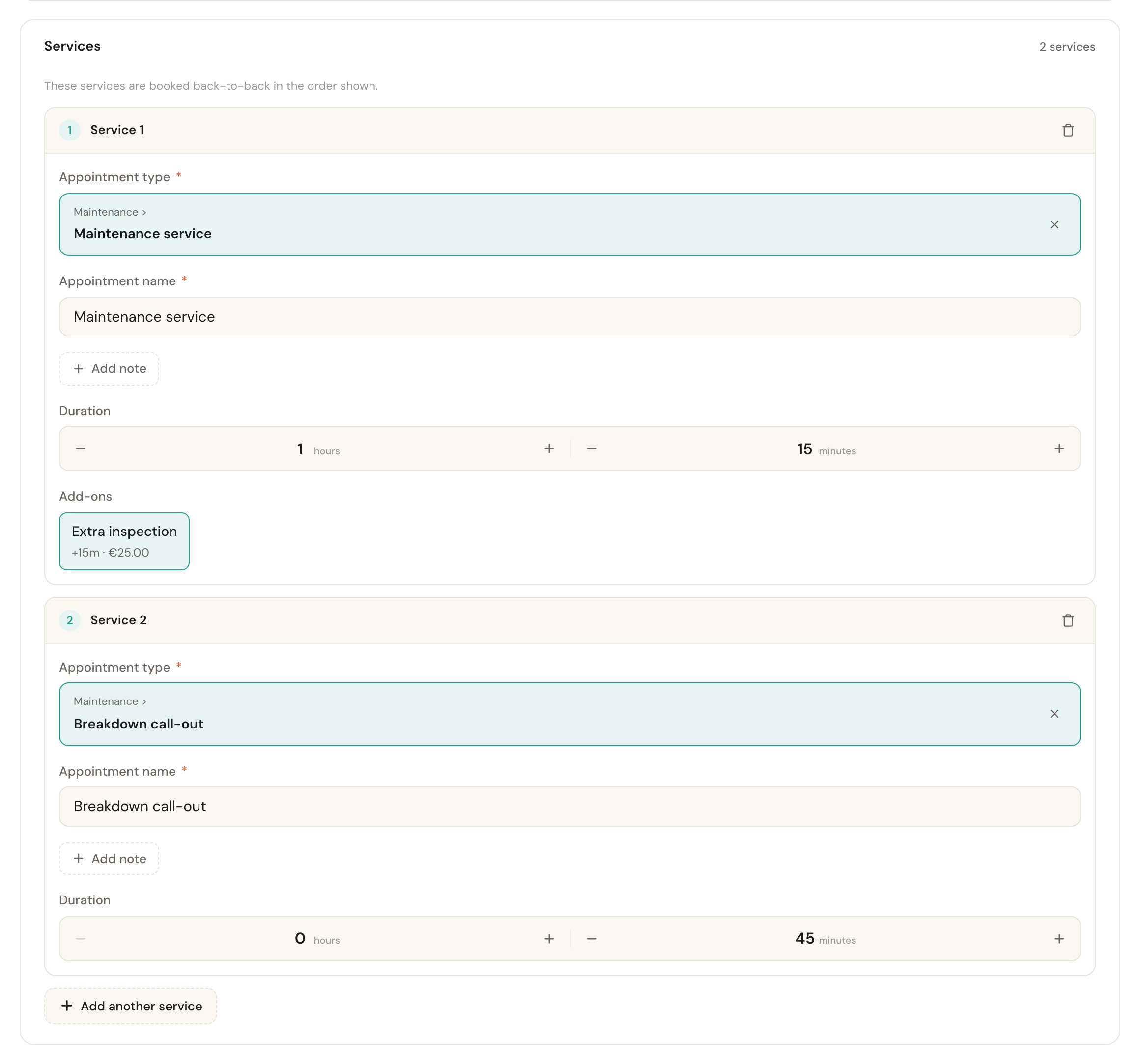 Two service blocks: Maintenance service with an add-on, and Breakdown call-out.