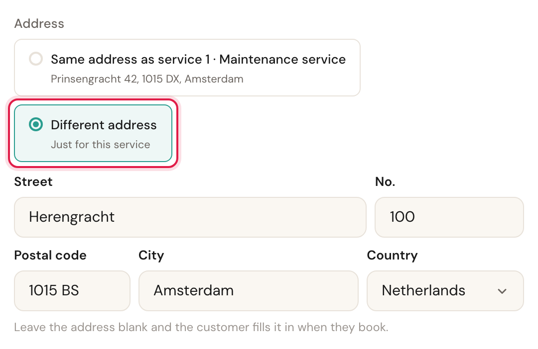 The address of service 2 with Different address chosen and Herengracht 100 in Amsterdam filled in.