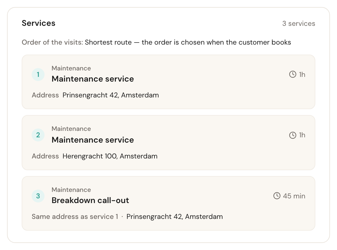 The Services card of an opened invitation with three services: Order of the visits Shortest route, service 1 Maintenance service at Prinsengracht 42, service 2 Maintenance service at Herengracht 100, and service 3 Breakdown call-out with Same address as service 1 · Prinsengracht 42, Amsterdam.