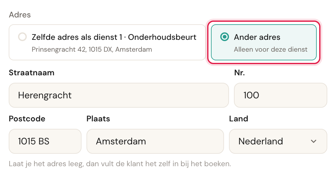Het adres van dienst 2 met Ander adres gekozen en Herengracht 100 in Amsterdam ingevuld.