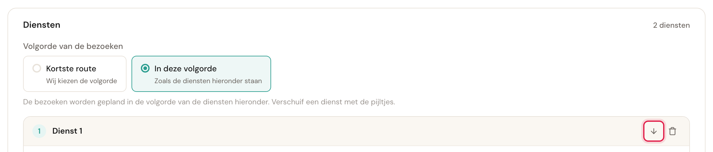 Volgorde van de bezoeken met In deze volgorde gekozen, de uitleg eronder en het pijltje omlaag op de kaart van dienst 1 gemarkeerd.