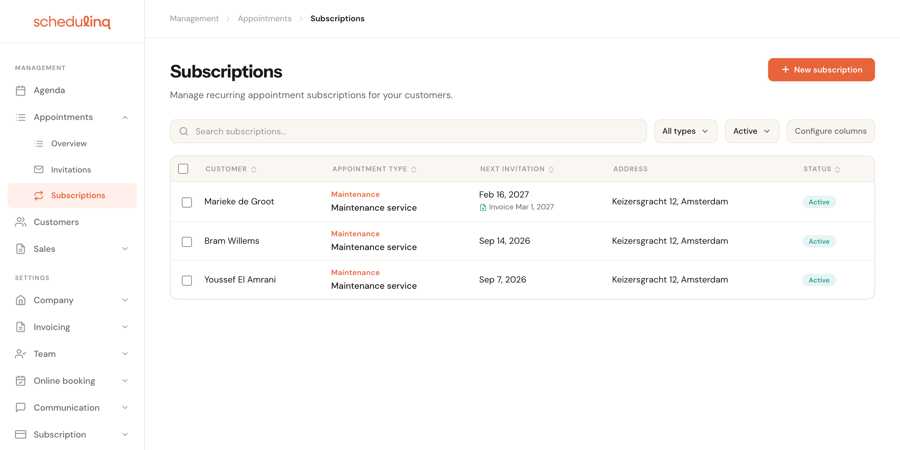 The Subscriptions overview with four subscriptions, their next invitation date and status.