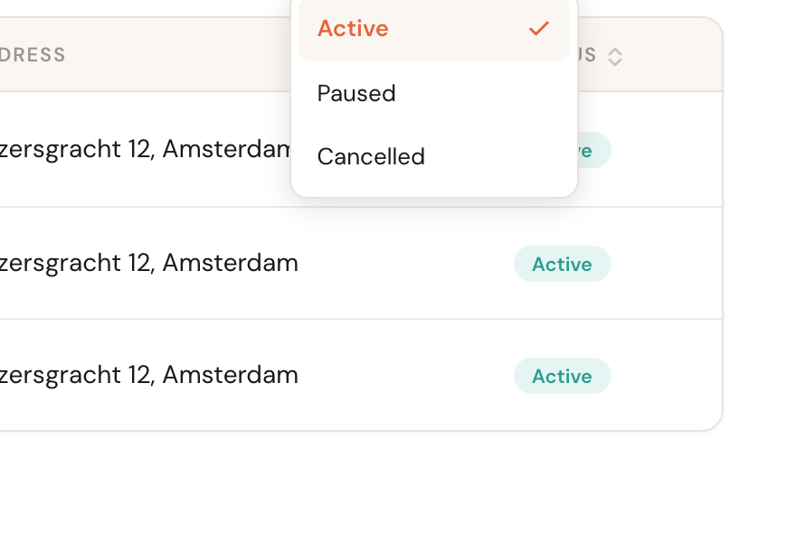 The status filter offering Active, Paused and Cancelled.