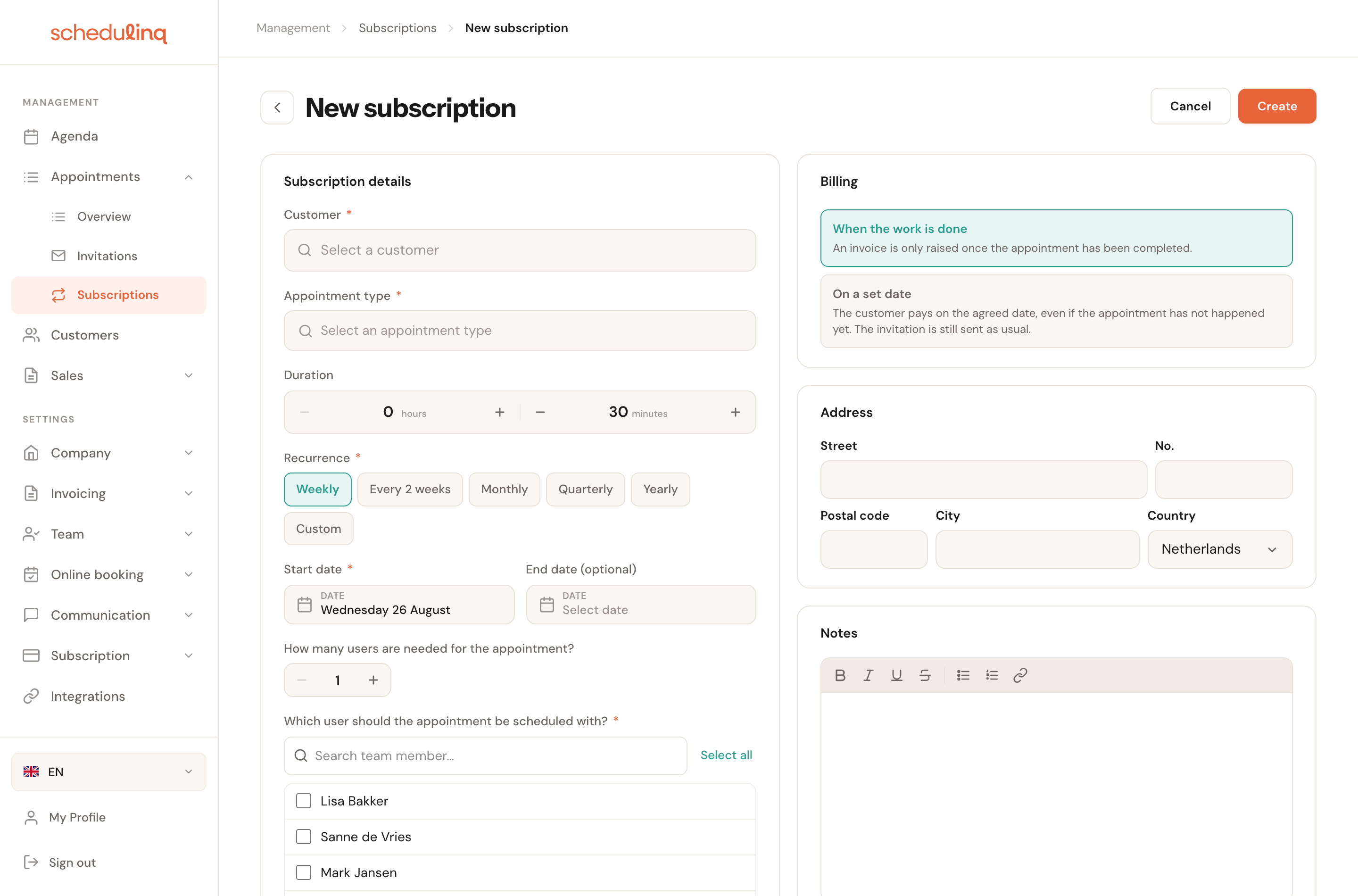 The empty New subscription form with details on the left and billing, address and notes on the right.