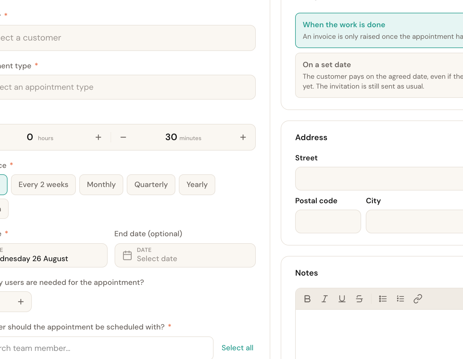 The Subscription details block with the Customer, Appointment type and Duration fields.