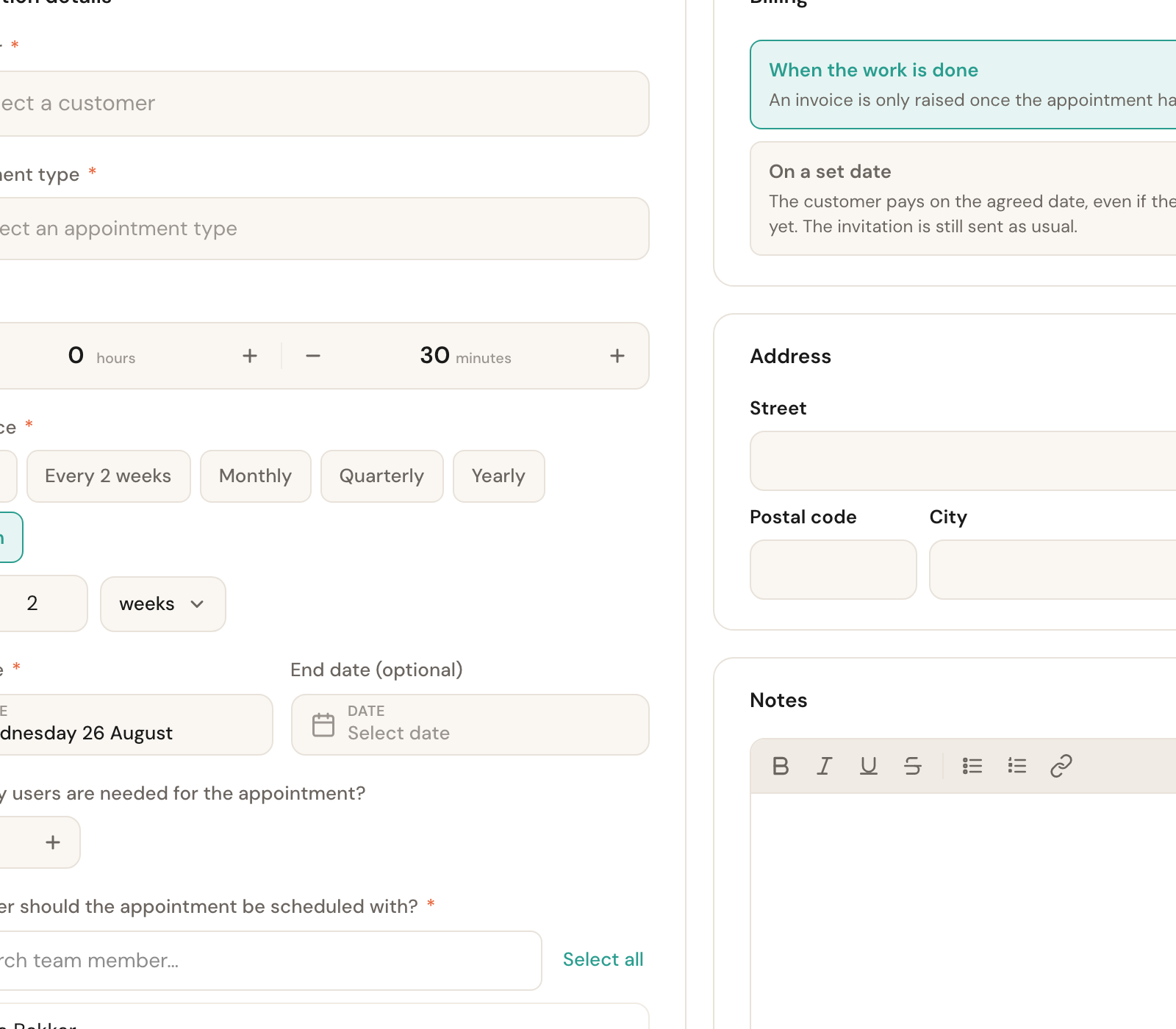 The recurrence buttons with Custom selected, plus start and end date and the staff picker.