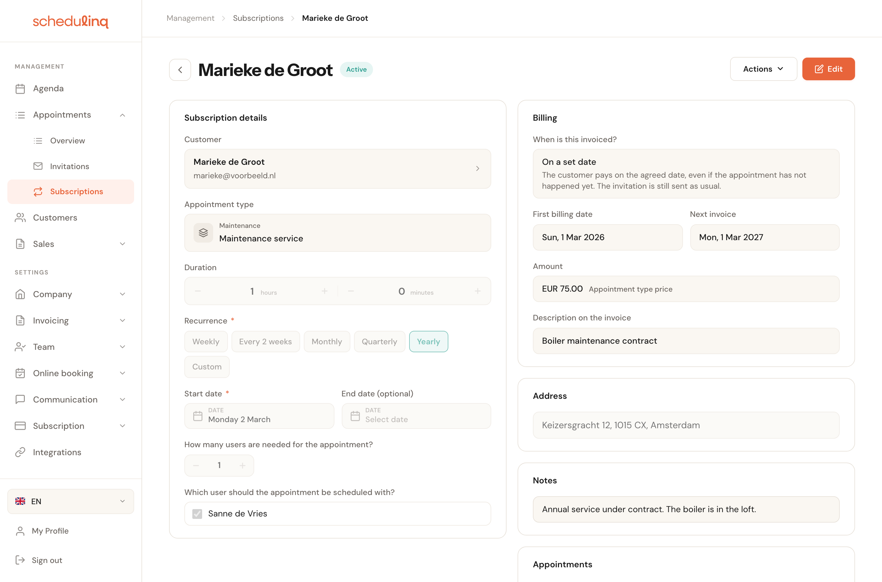An opened subscription with details on the left and billing, address and notes on the right.