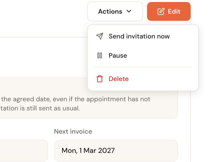 The Actions menu with Send invitation now, Pause and Delete.