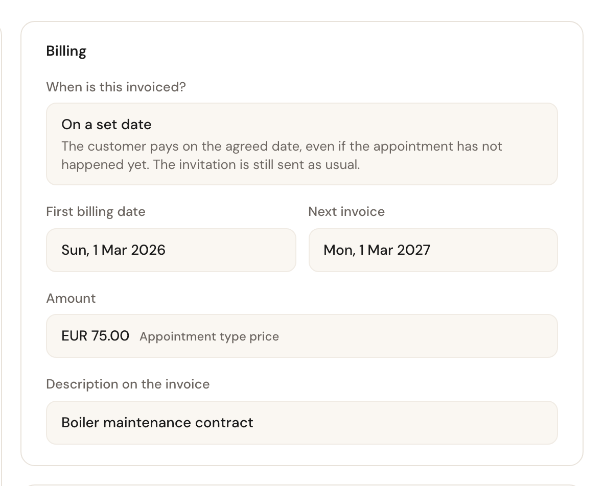 The Billing block with On a set date selected, a first and next billing date, amount and description.