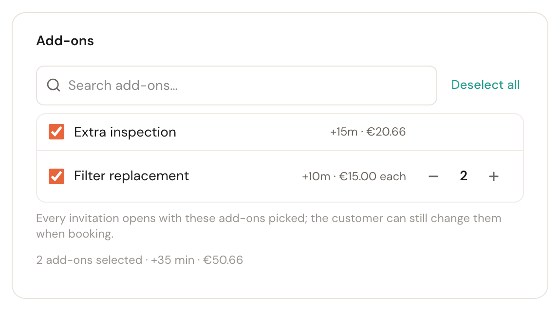 The Add-ons card with Extra inspection ticked, Filter replacement ticked with its counter at 2, the note that every invitation opens with these add-ons, and the summary 2 add-ons selected, +35 min.