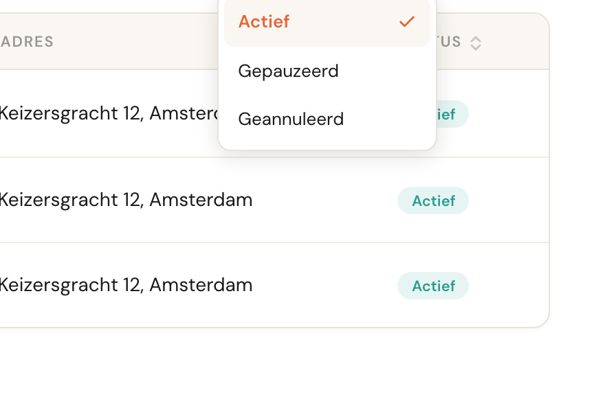 Het statusfilter met de keuzes Actief, Gepauzeerd en Geannuleerd.