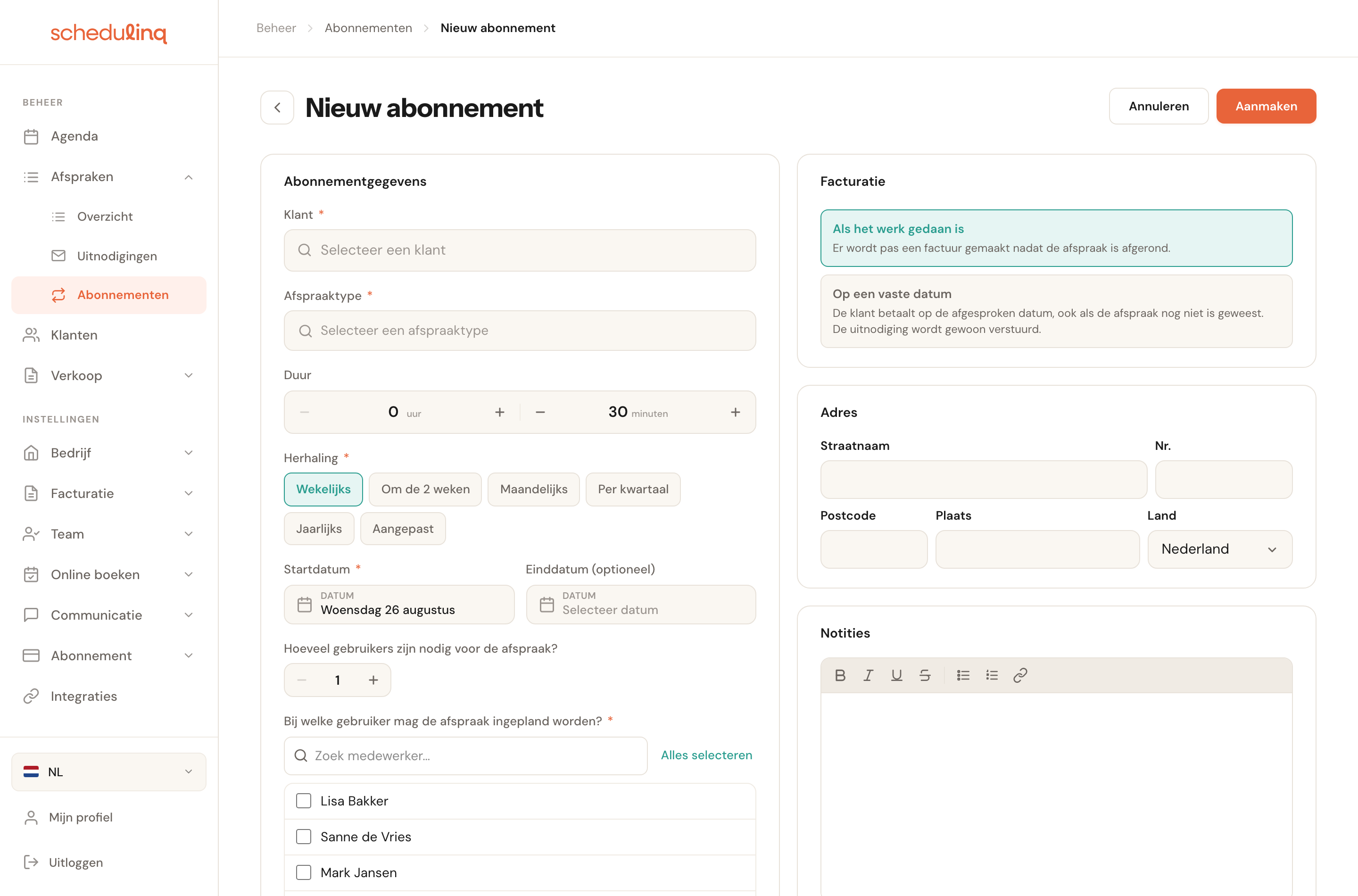 Het lege formulier Nieuw abonnement met de gegevens links en facturatie, adres en notities rechts.