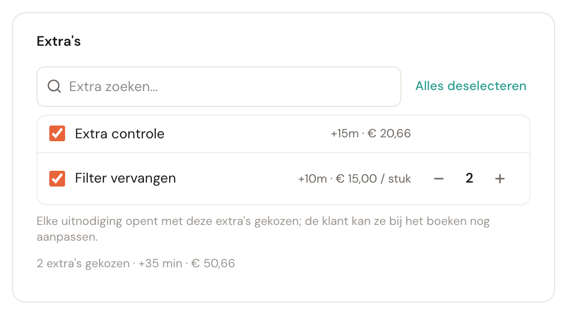 De kaart Extra's met Extra controle aangevinkt, Filter vervangen aangevinkt met de teller op 2, de uitleg dat elke uitnodiging met deze extra's opent en de samenvatting 2 extra's gekozen, +35 min.