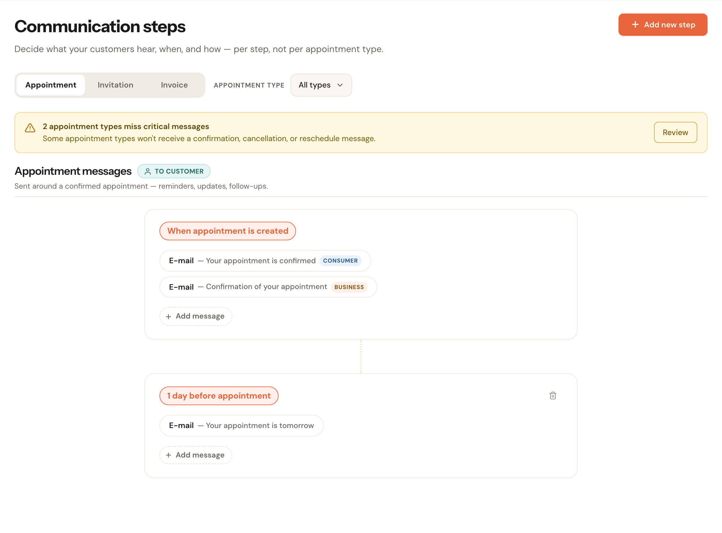 The Communication steps page showing a timeline of messages; under When appointment is created there are two e-mails, one labelled Consumer and one labelled Business.