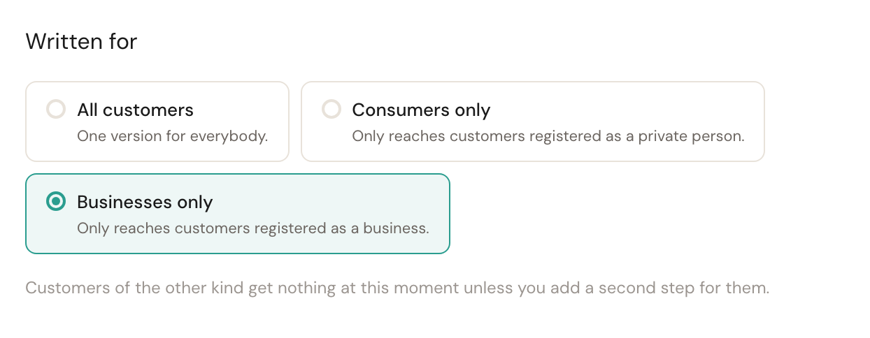 The Written for choice with three options: All customers, Consumers only and Businesses only. Businesses only is selected, with a warning underneath that customers of the other kind get nothing.