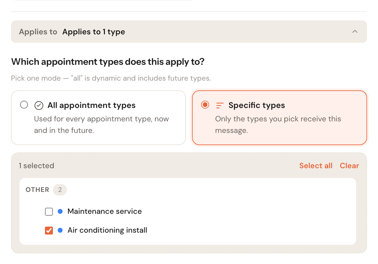 The expanded Applies to block with a choice between All appointment types and Specific types; under Specific types, Air conditioning install is ticked.