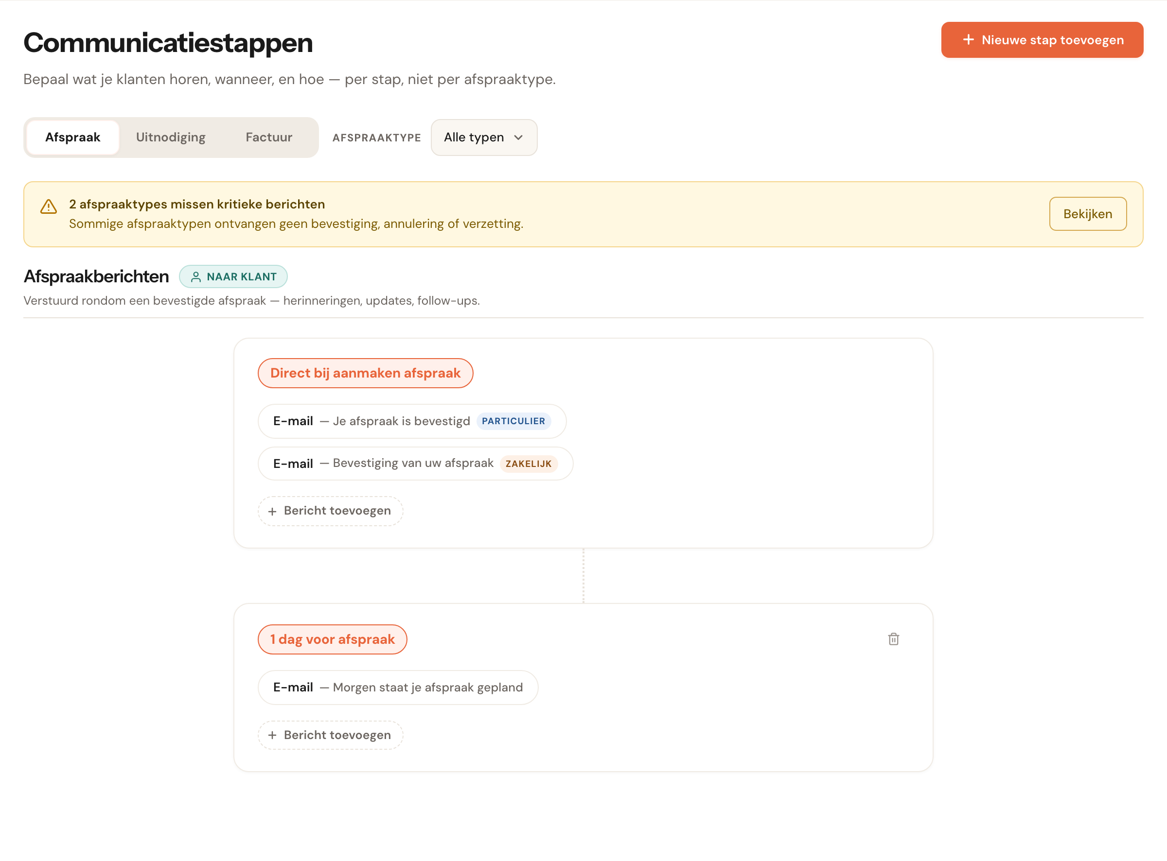 De pagina Communicatiestappen met een tijdlijn van berichten; bij Direct bij aanmaken afspraak staan twee e-mails, één met het label Particulier en één met het label Zakelijk.