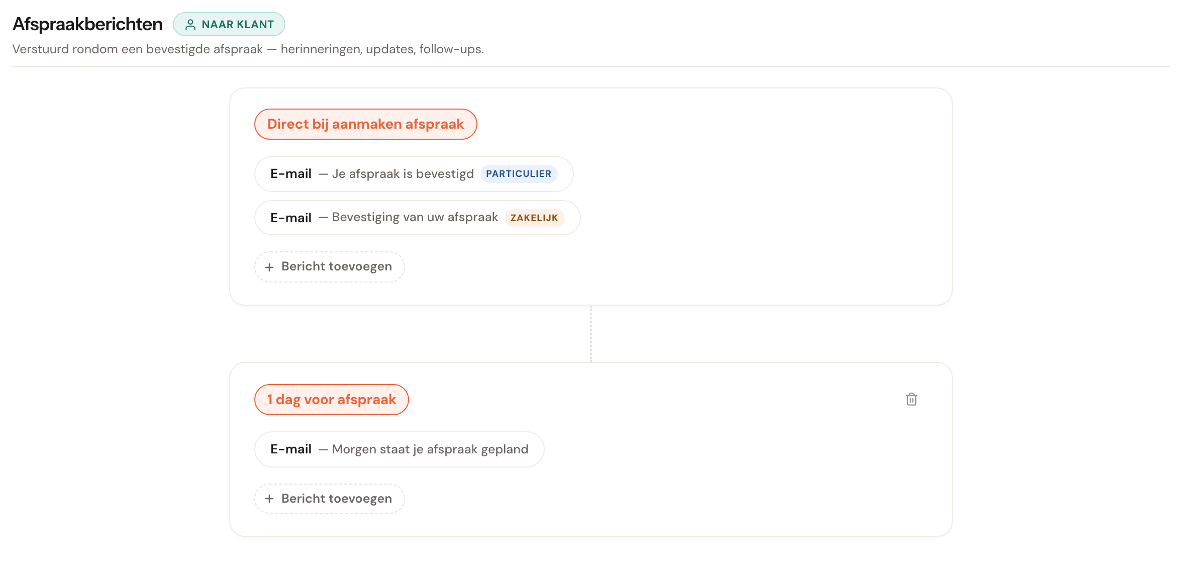 Twee e-mailstappen op hetzelfde moment met de labels Particulier en Zakelijk; de herinnering eronder heeft geen label.