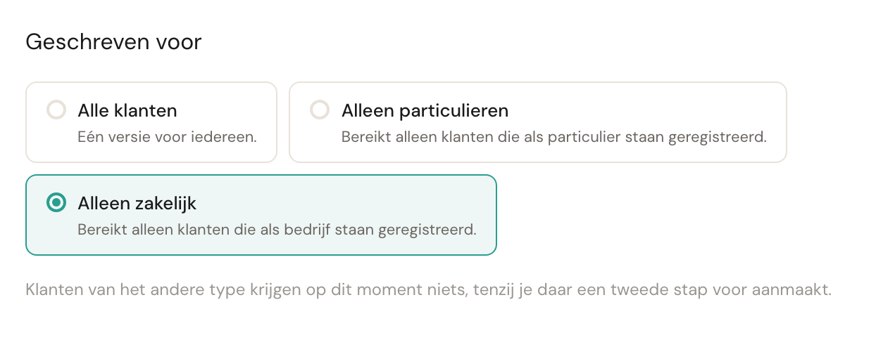 De keuze Geschreven voor met drie opties: Alle klanten, Alleen particulieren en Alleen zakelijk. Alleen zakelijk is geselecteerd en daaronder staat de waarschuwing dat klanten van het andere type niets krijgen.