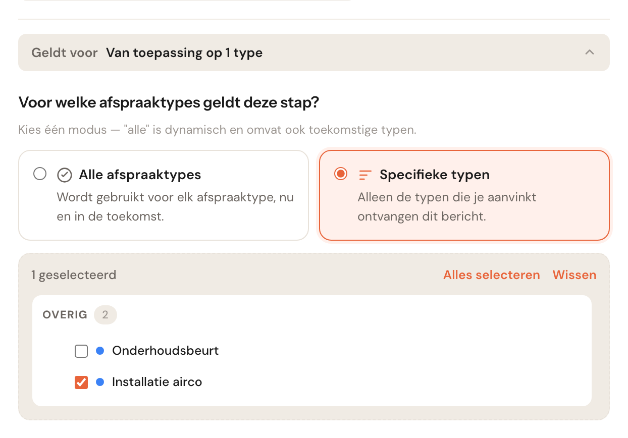Het opengeklapte blok Geldt voor met de keuze tussen Alle afspraaktypes en Specifieke typen; bij Specifieke typen is Installatie airco aangevinkt.