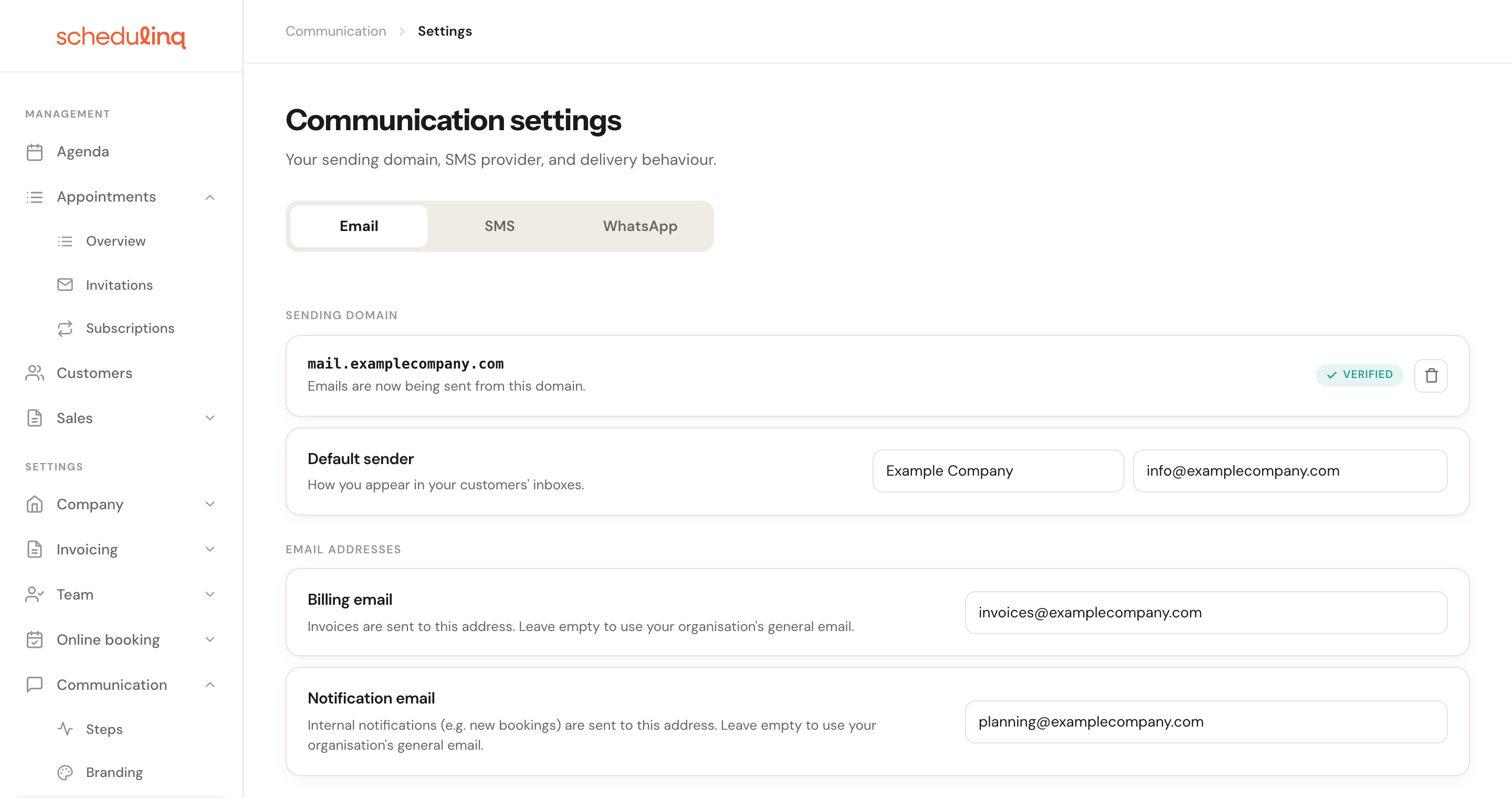 The Communication settings page showing the Email, SMS and WhatsApp tabs, a verified sending domain and the Default sender card.