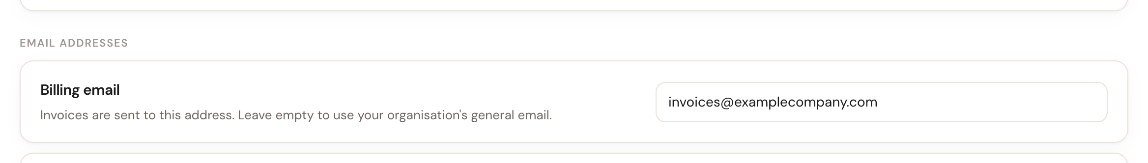 The Billing email card with an input field.