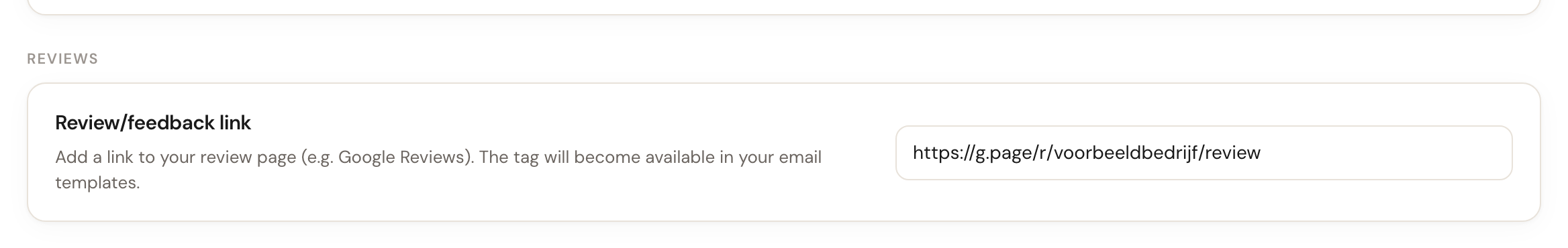 The Review/feedback link card with a URL input field.