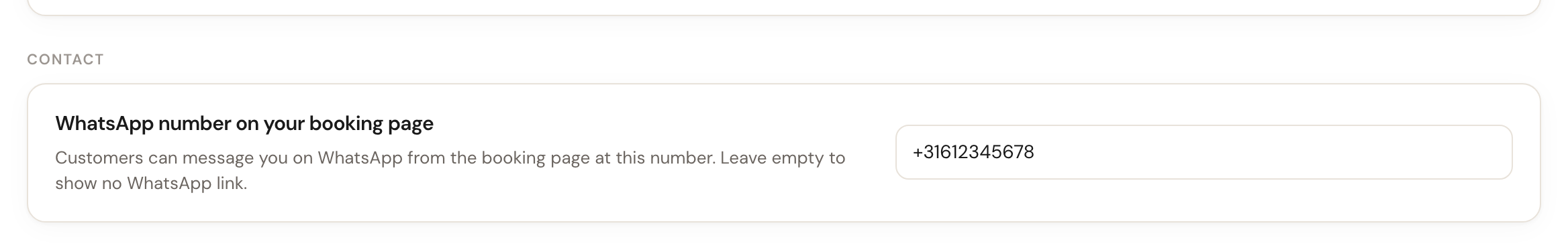 The WhatsApp number on your booking page card with a phone number filled in.