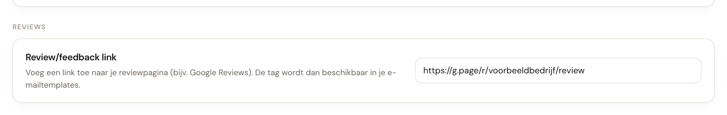 De kaart Review/feedback link met een invoerveld voor een URL.