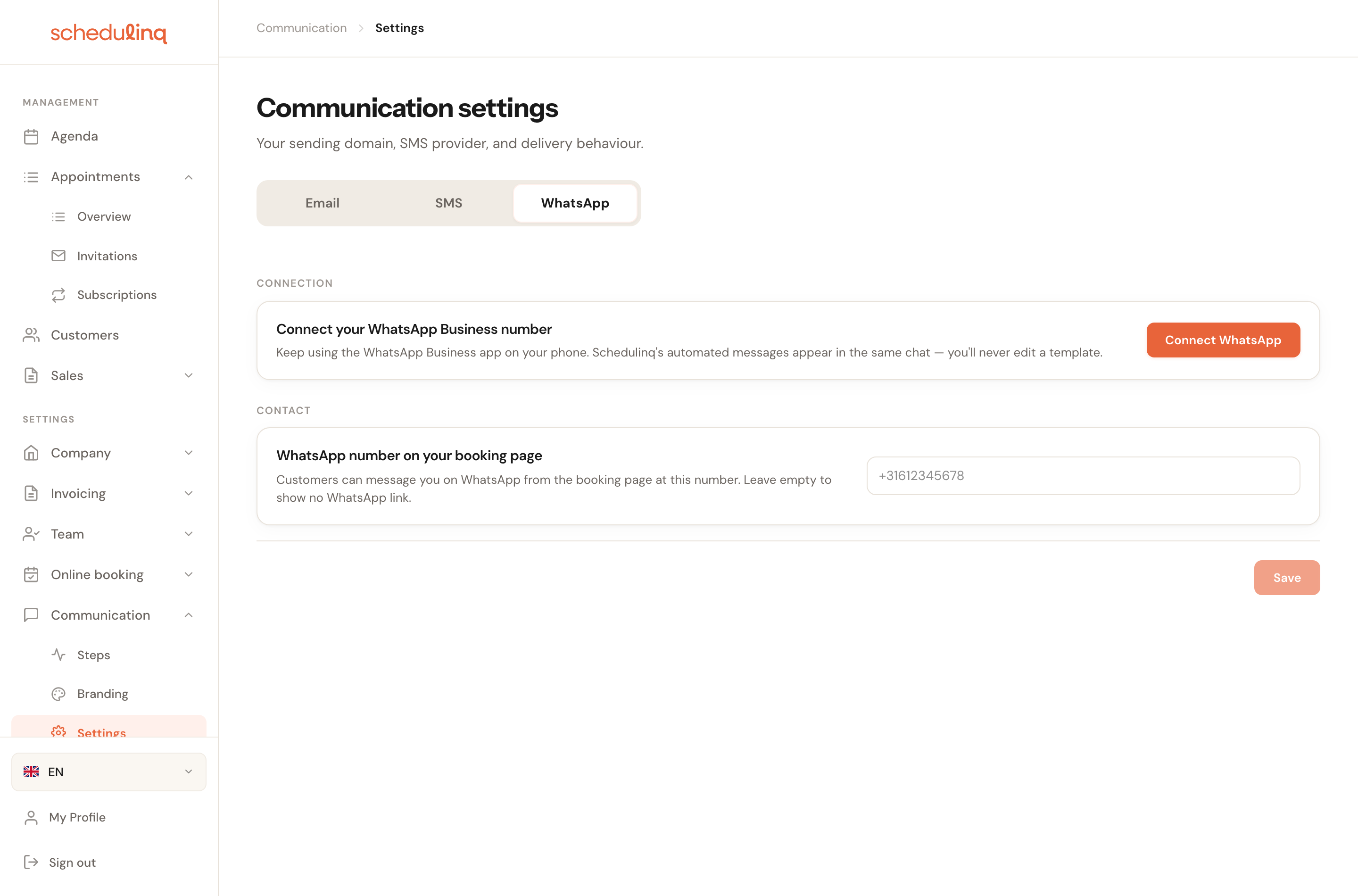 The Communication settings screen with the WhatsApp tab open.