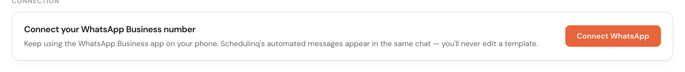 The card Connect your WhatsApp Business number with the Connect WhatsApp button.