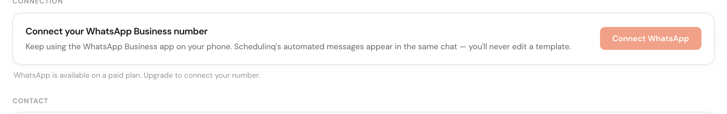 The same card with a disabled button and a note that WhatsApp requires a paid plan.