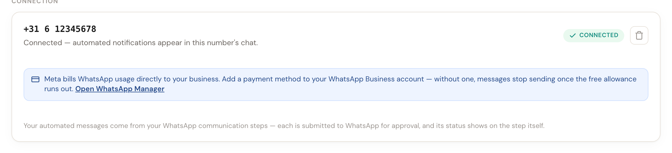 The card with the connected phone number and the green Connected label.