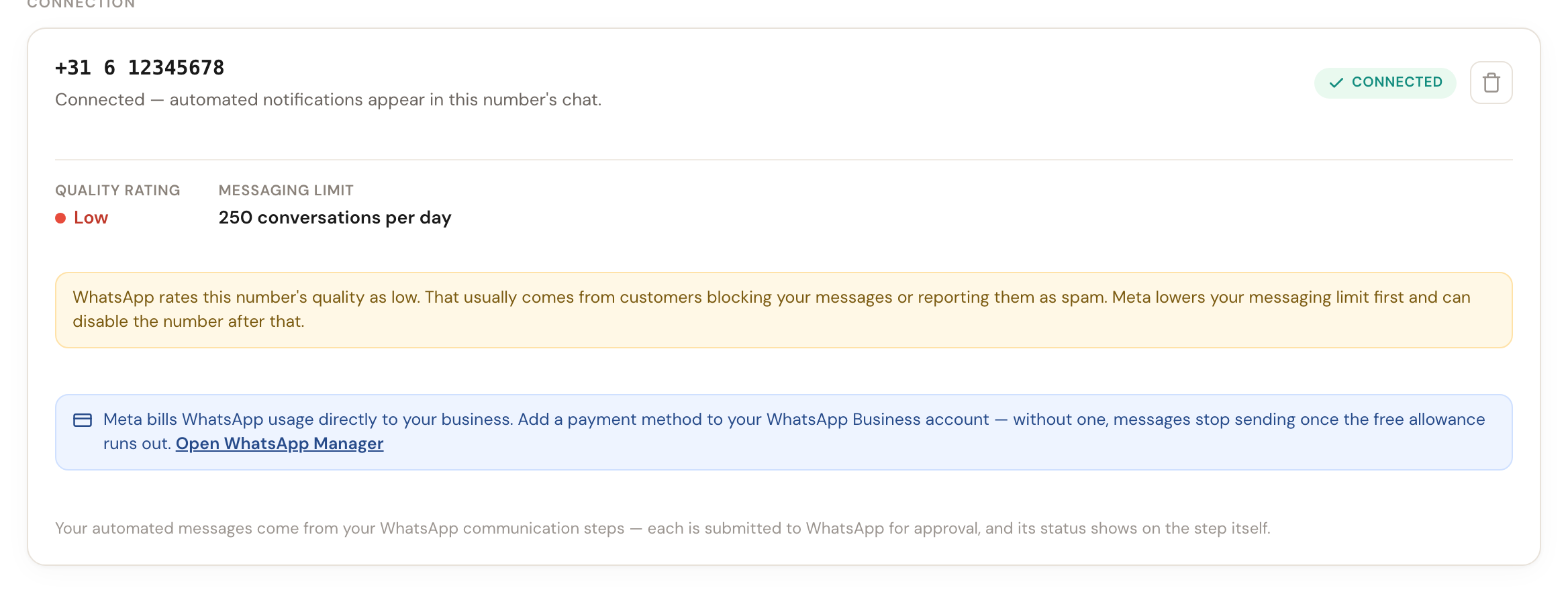 The connected card with Quality rating Low, Messaging limit 250 conversations per day, and the yellow warning that WhatsApp rates this number's quality as low.