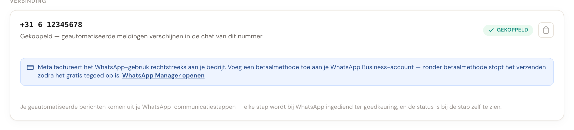De kaart met het gekoppelde telefoonnummer en het groene label Gekoppeld.