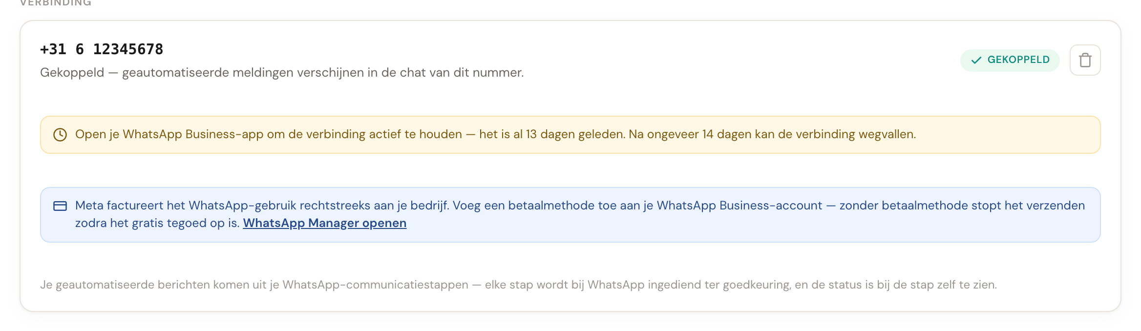 De gekoppelde kaart met een gele melding om de WhatsApp Business-app te openen.