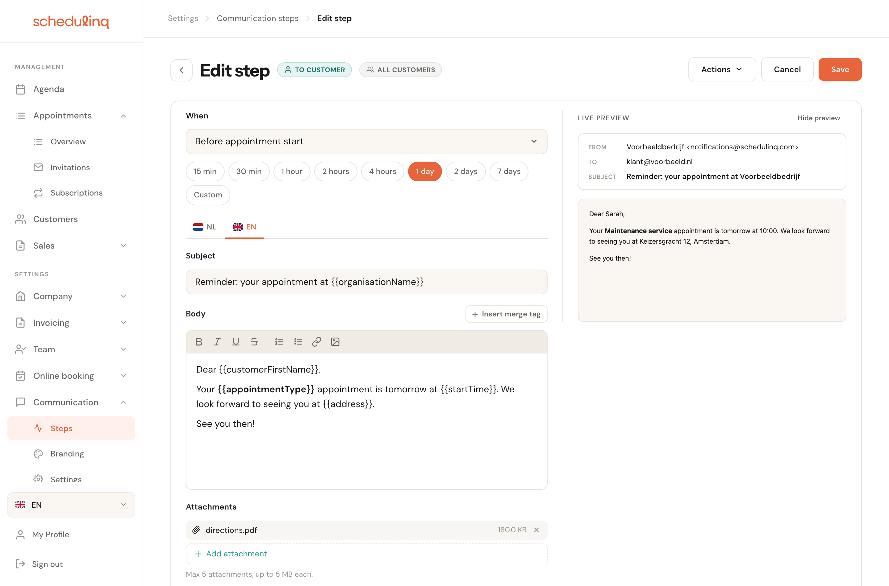 The step editor with the form on the left and the live preview on the right.