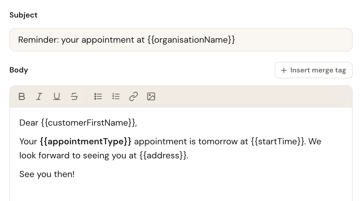 The subject field with the rich text editor and a filled-in message below it.