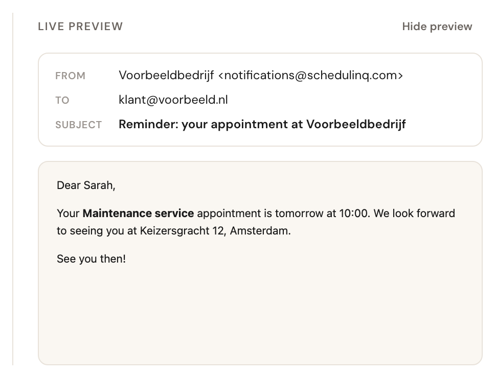 The live preview showing sender, recipient, subject and the formatted message.