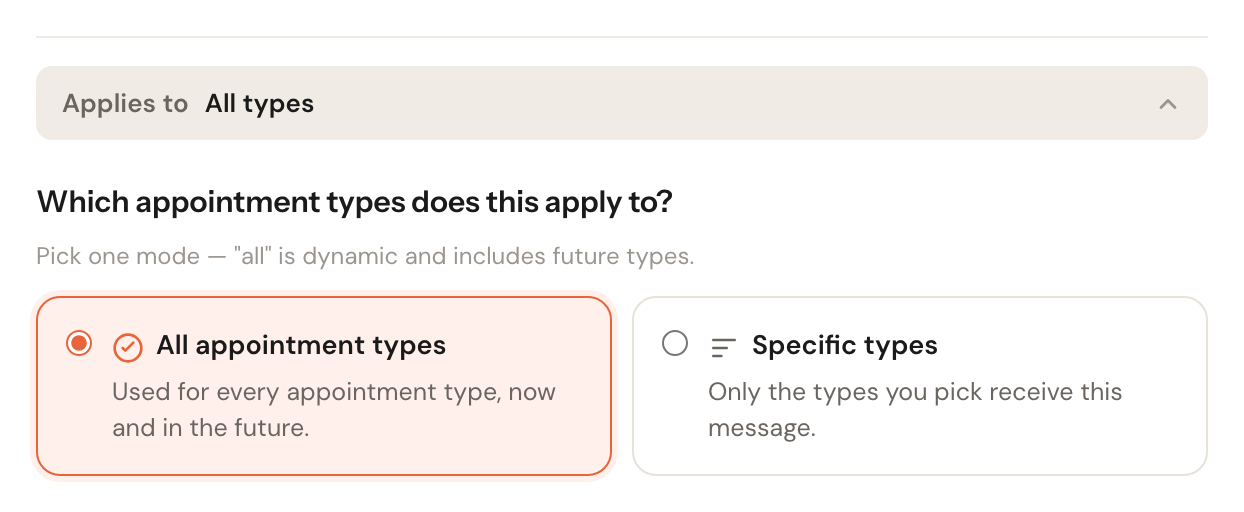 The expanded Applies to block with the choice between all appointment types and specific types.