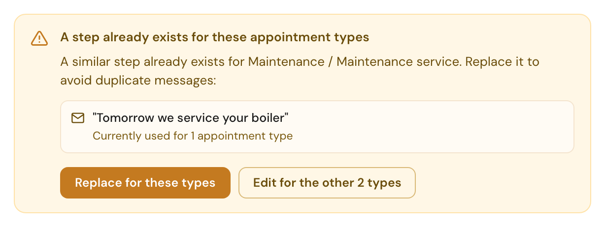 The warning A step already exists for these appointment types: a similar step already exists for Maintenance / Maintenance service, with the other step's subject, Currently used for 1 appointment type, and the buttons Replace for these types and Edit for the other 2 types.