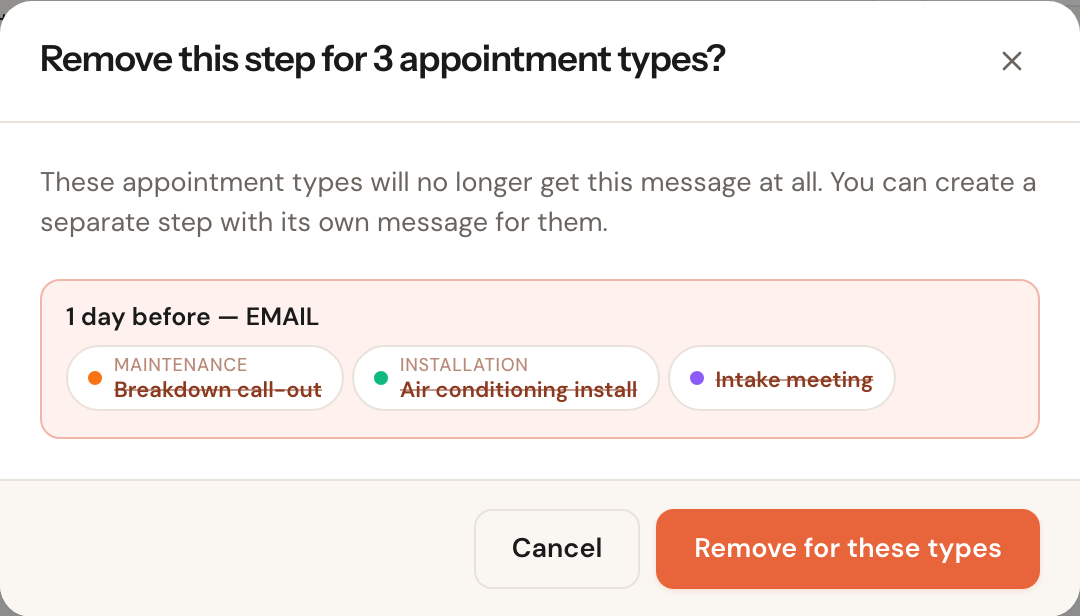 The window Remove this step for 3 appointment types?: These appointment types will no longer get this message at all, the three services struck through, and the buttons Cancel and Remove for these types.