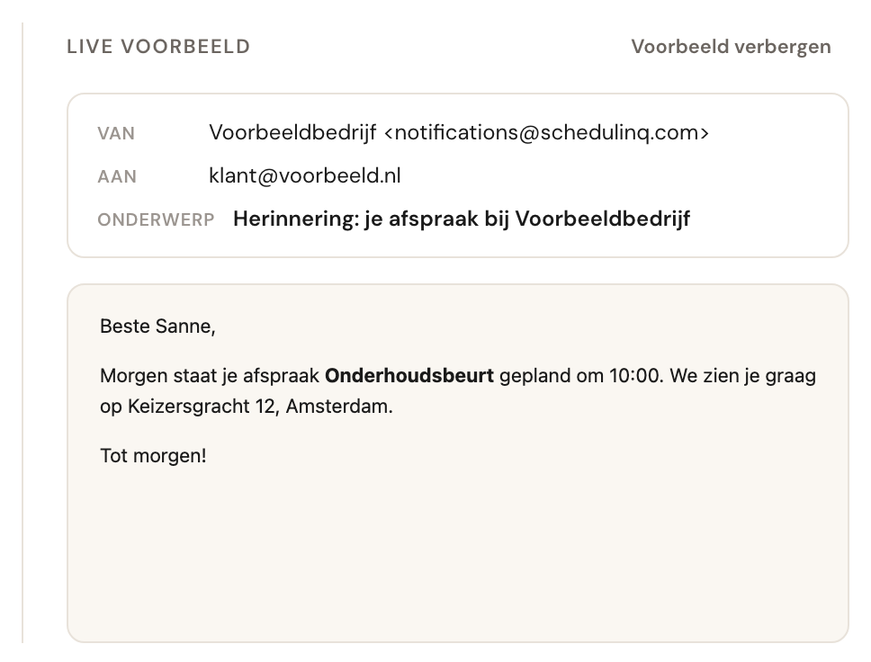 Het live voorbeeld met afzender, ontvanger, onderwerp en het opgemaakte bericht.