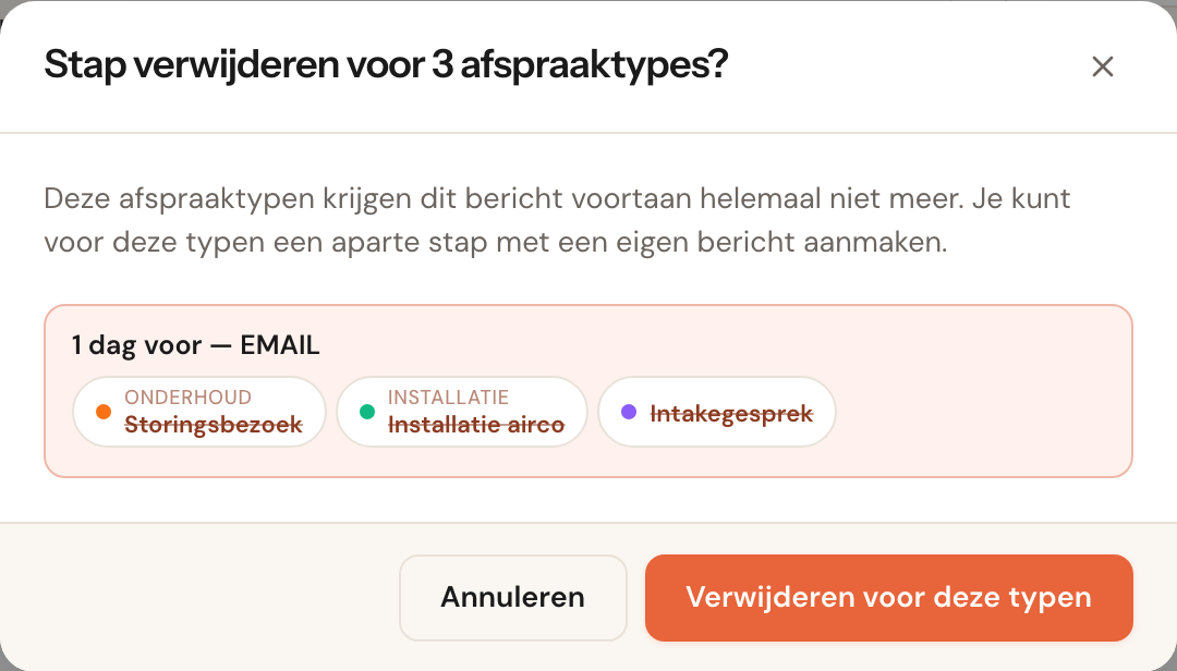 Het venster Stap verwijderen voor 3 afspraaktypes?: Deze afspraaktypen krijgen dit bericht voortaan helemaal niet meer, de drie diensten doorgestreept, en de knoppen Annuleren en Verwijderen voor deze typen.