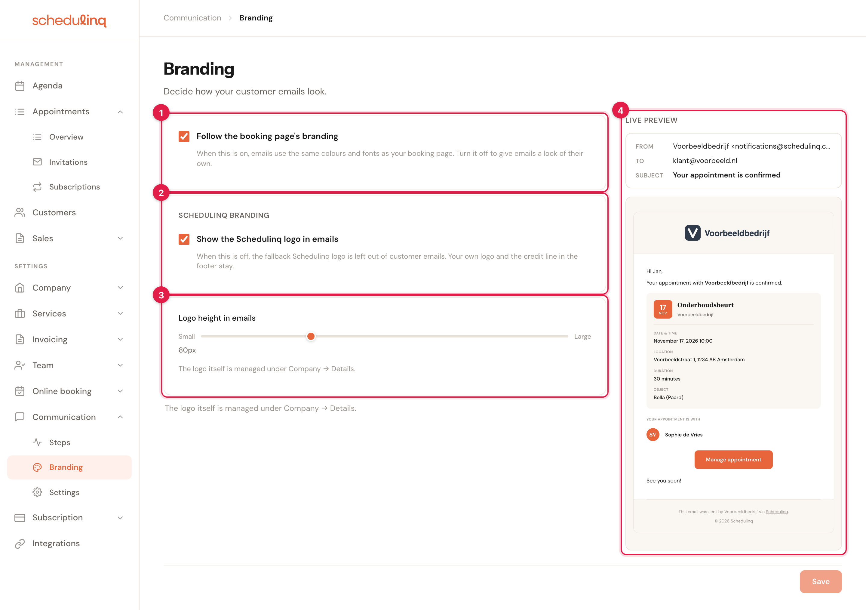 The Branding page under Communication, with numbered parts: 1 Follow the booking page's branding, ticked; 2 Show the Schedulinq logo in emails; 3 Logo height in emails, at 80px; 4 the live preview, an example email with the company logo at the top and an orange button.