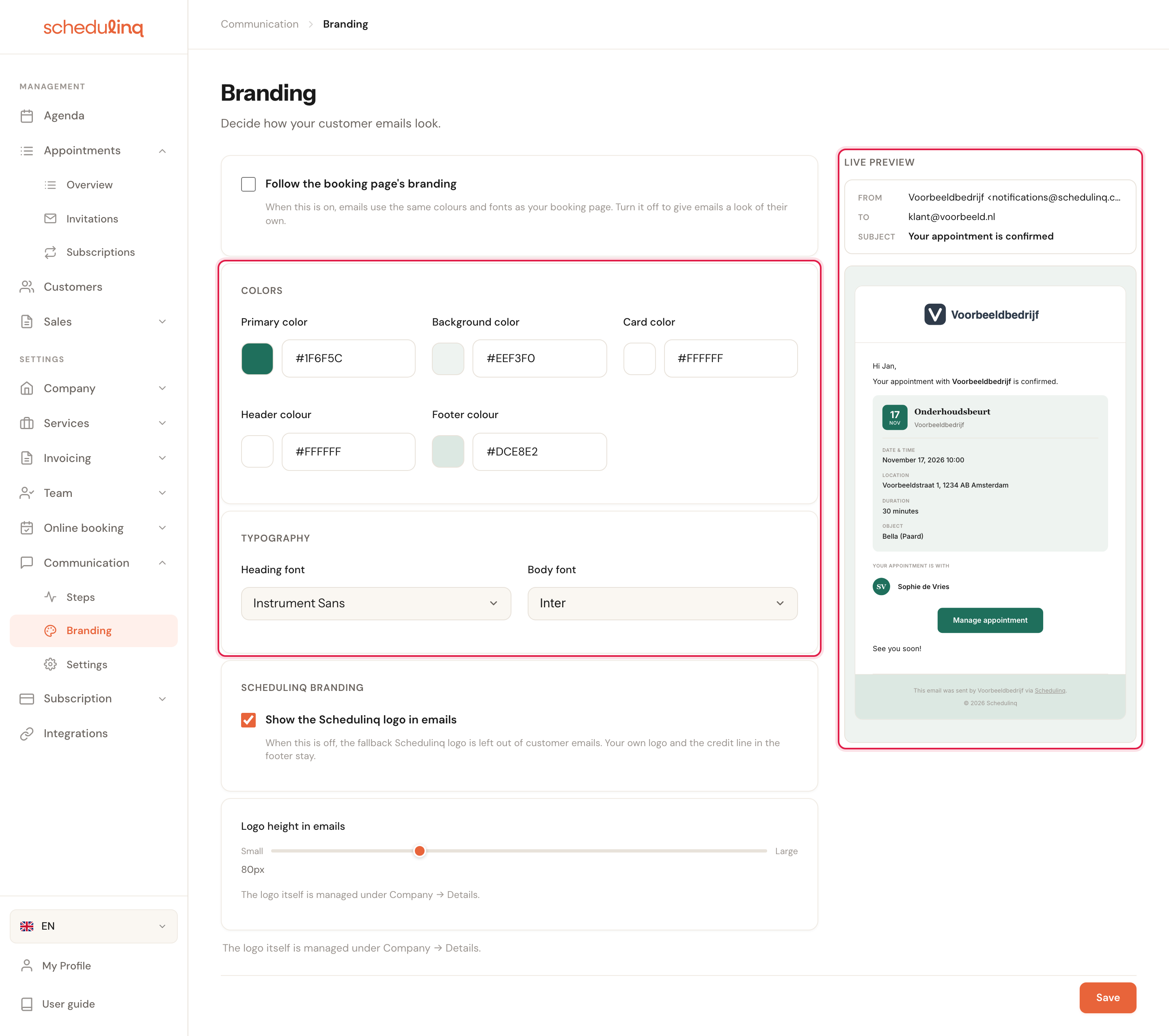 The same page with Follow the booking page's branding unticked: the Colors block with a green primary colour, a light-green background, white card and header and a pale-green footer, Typography with Inter as the body font, and the preview repainted green with a white header band and a green footer band. Save is lit.