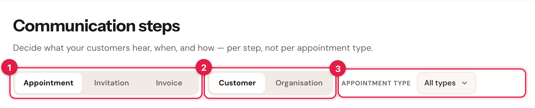 The three control rows at the top: flow, recipient and appointment type.