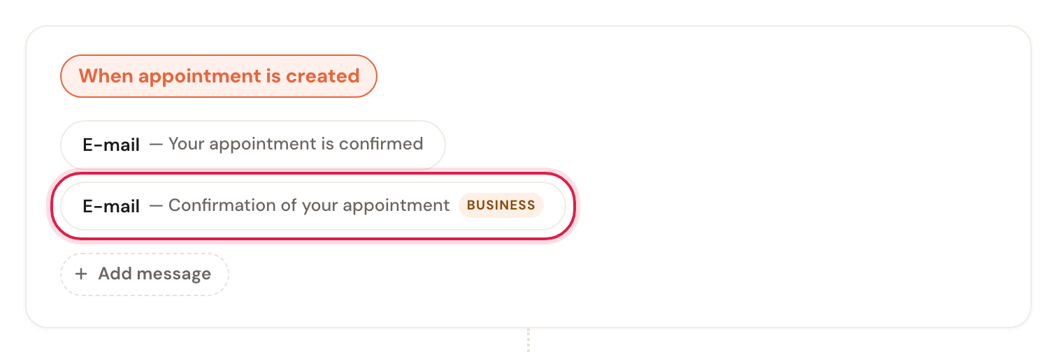 Two confirmation e-mails at the same moment; the second carries a Business label.