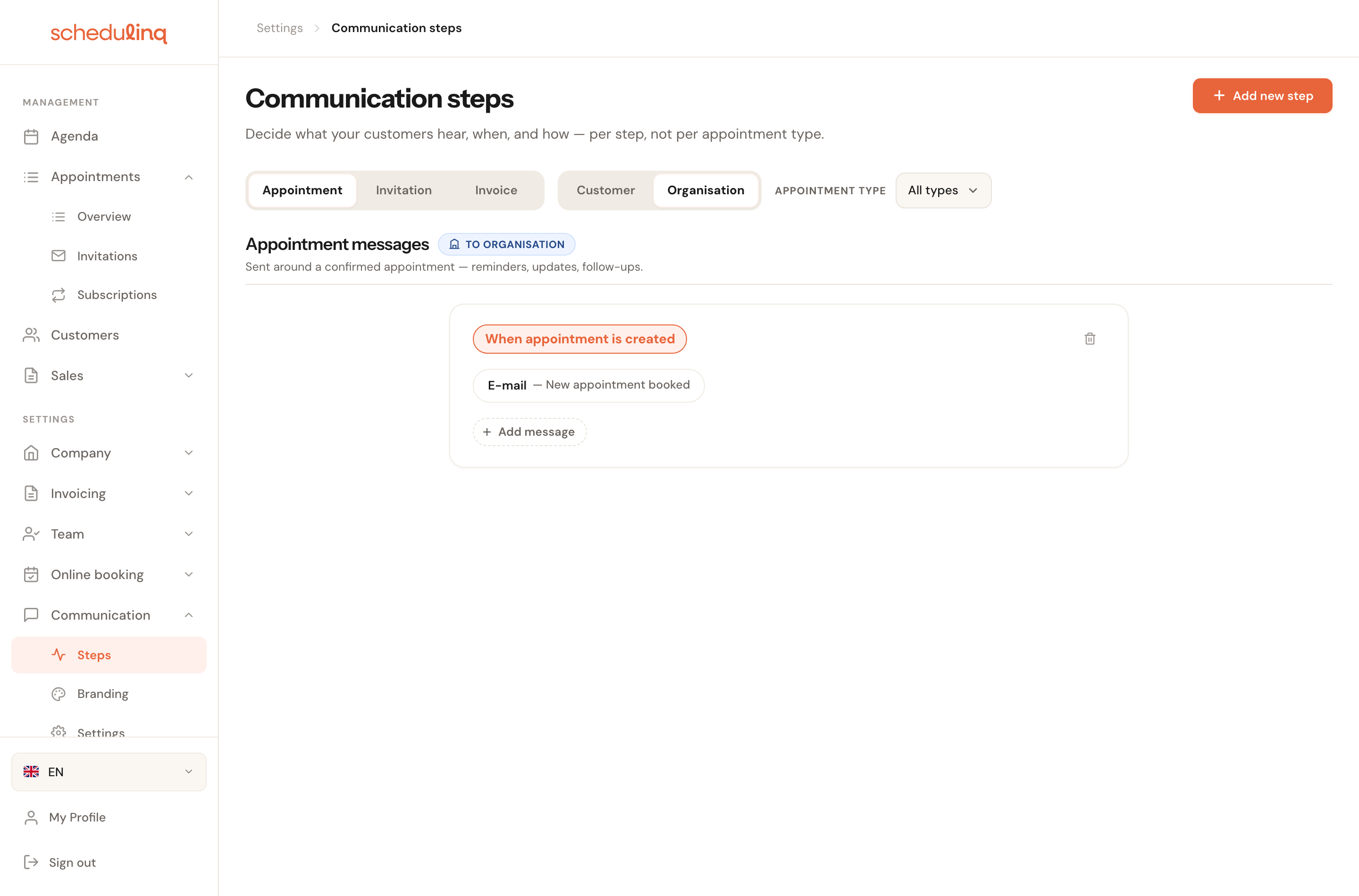 The same flow with the recipient set to Organisation: one internal notification for a new appointment.