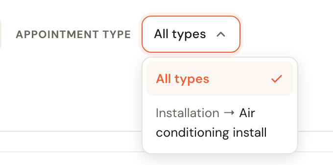The Appointment type filter with the list of services open.